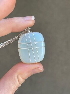 Milky Opalite Gemstone Necklace Silver Tone Wire Wrapping Handmade